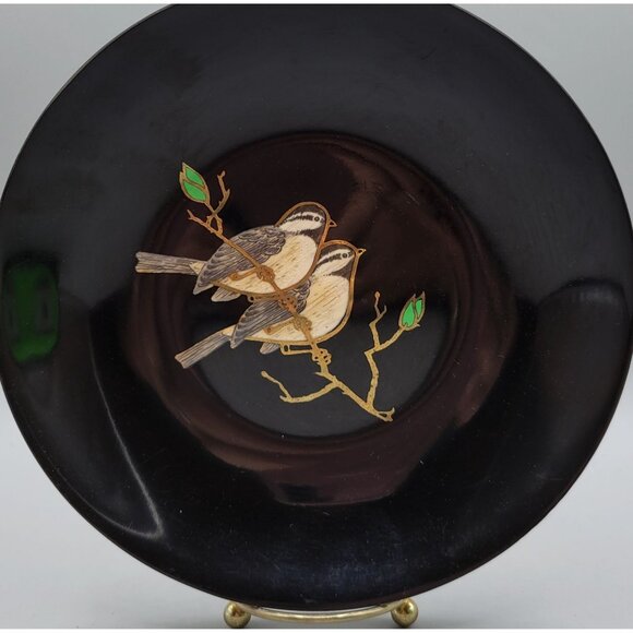 Couroc Chickadee Birds on Branch Hand Inlaid Wood 8 Inch Round Bowl - Picture 2 of 5